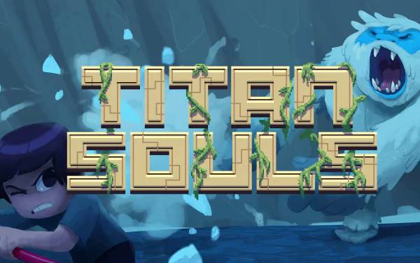 HD wallpaper featuring Titan Souls game title with a character facing a giant blue monster, fit for a desktop background.