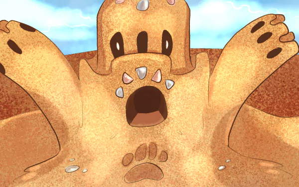 HD wallpaper featuring Palossand from Pokémon: Sun and Moon, depicted as a large sand castle creature with open arms.