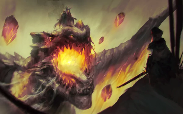 A fantasy warrior sorcerer faces a fiery dragon wielding a sword, captured in an 8K Ultra HD PC desktop wallpaper background.