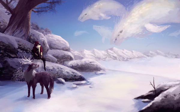 Fantasy deer-like creature with glowing antlers stands in a snowy winter landscape as a figure watches beneath a tree, with ghostly animal shapes in the vibrant sky.