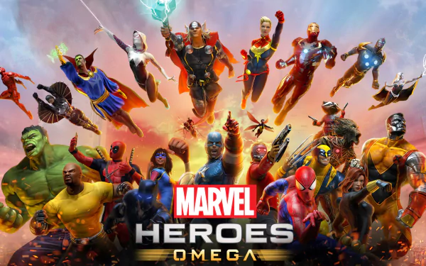 HD wallpaper featuring Marvel Heroes Omega characters like Thor, Iron Man, Spider-Gwen, Doctor Strange, Hulk, Deadpool, and others.