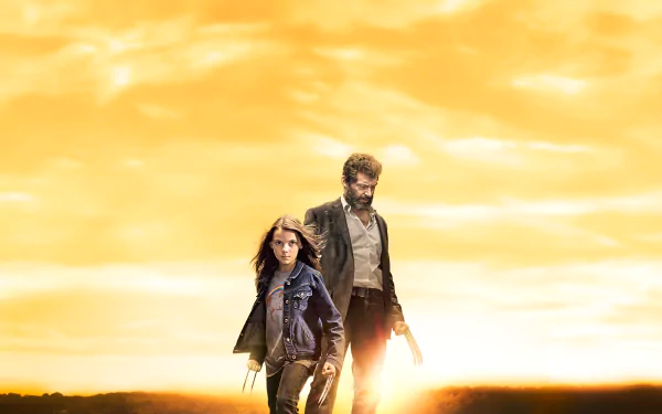 HD desktop wallpaper featuring Dafne Keen and Hugh Jackman as X-23 and Wolverine from the movie Logan, walking against a golden sunset backdrop.