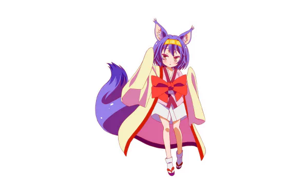 HD anime desktop wallpaper featuring Izuna Hatsuse from No Game No Life, showcasing her with purple fox ears and tail, wearing a red and white outfit.