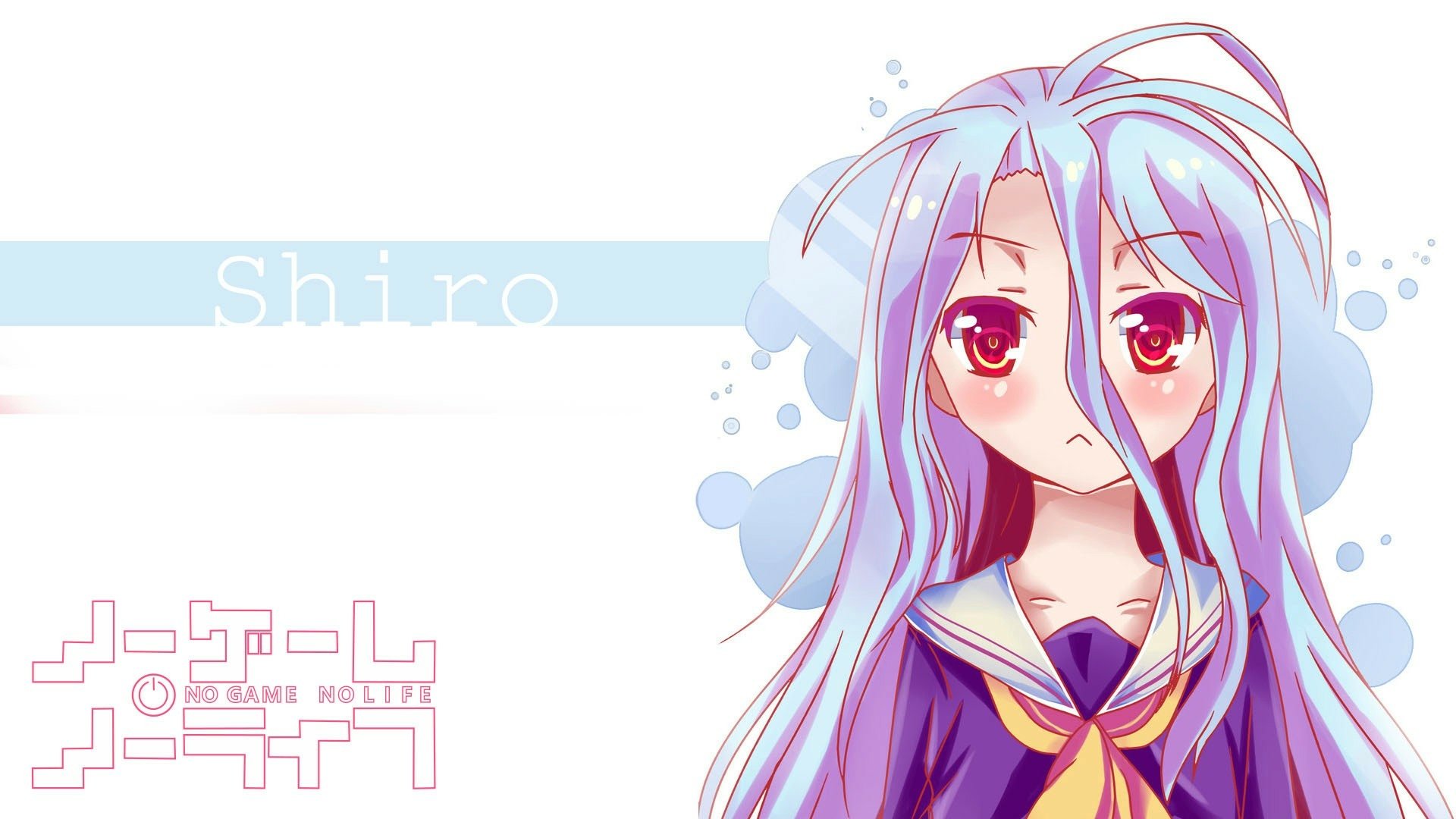 HD wallpaper featuring Shiro from No Game No Life, showcasing her distinct character design with long blue hair and vibrant red eyes, set against a soft, colorful background.