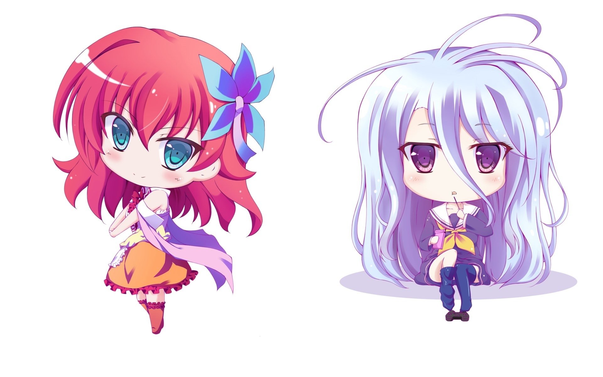 Chibi-style anime characters Stephanie Dola and Shiro from No Game No Life, featured in a vibrant HD desktop wallpaper background.