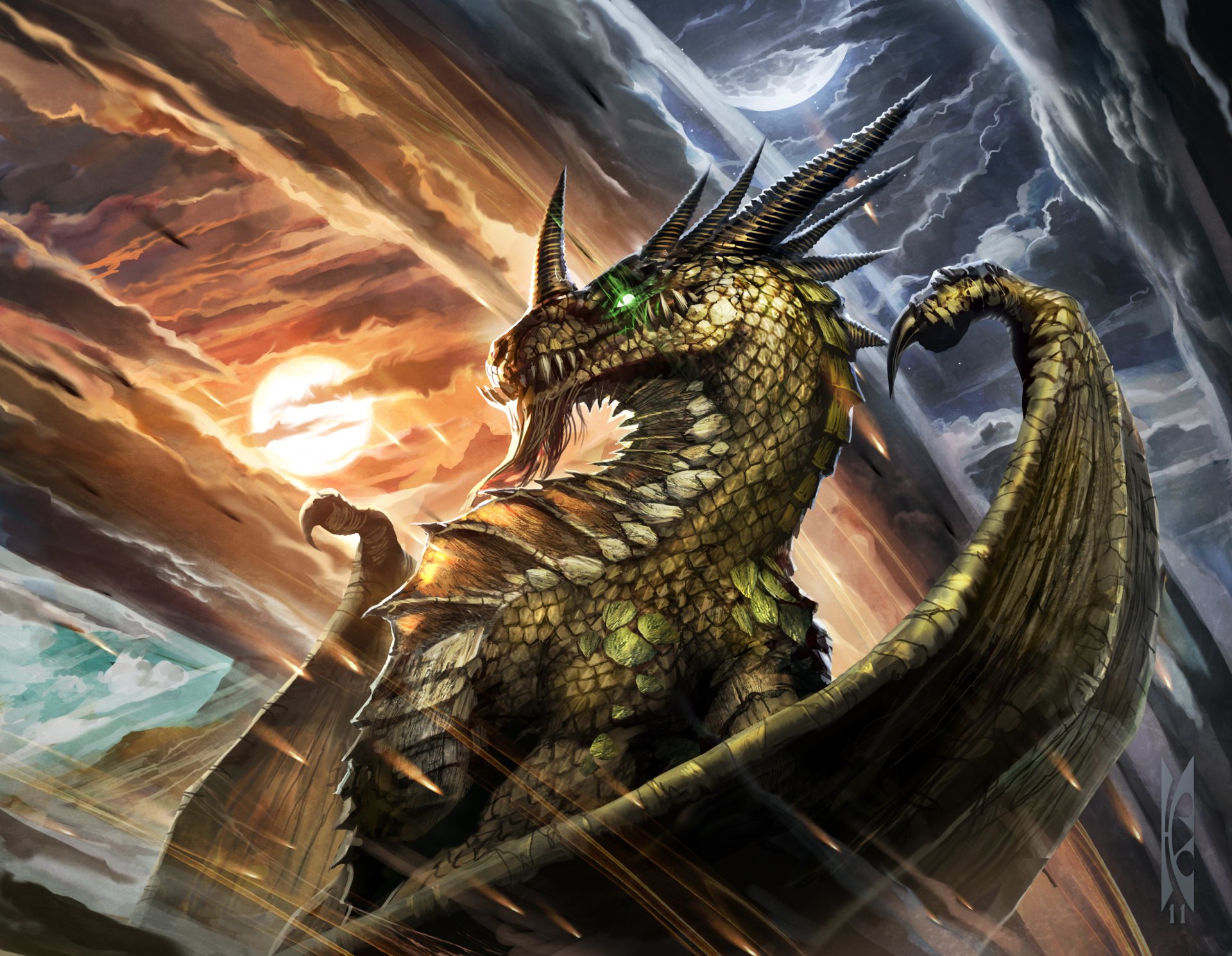 HD fantasy desktop wallpaper of a fierce dragon with glowing green eyes against a dramatic sky, blending fiery and stormy elements.