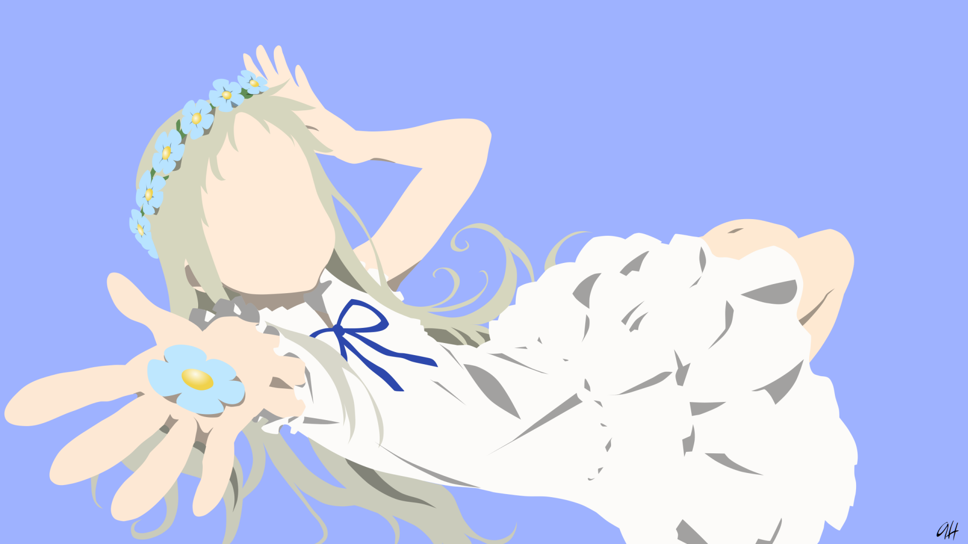Minimalist HD desktop wallpaper featuring Meiko Honma from the anime Anohana, depicted in white with a flower crown, extending her hand with a flower against a pale blue background.
