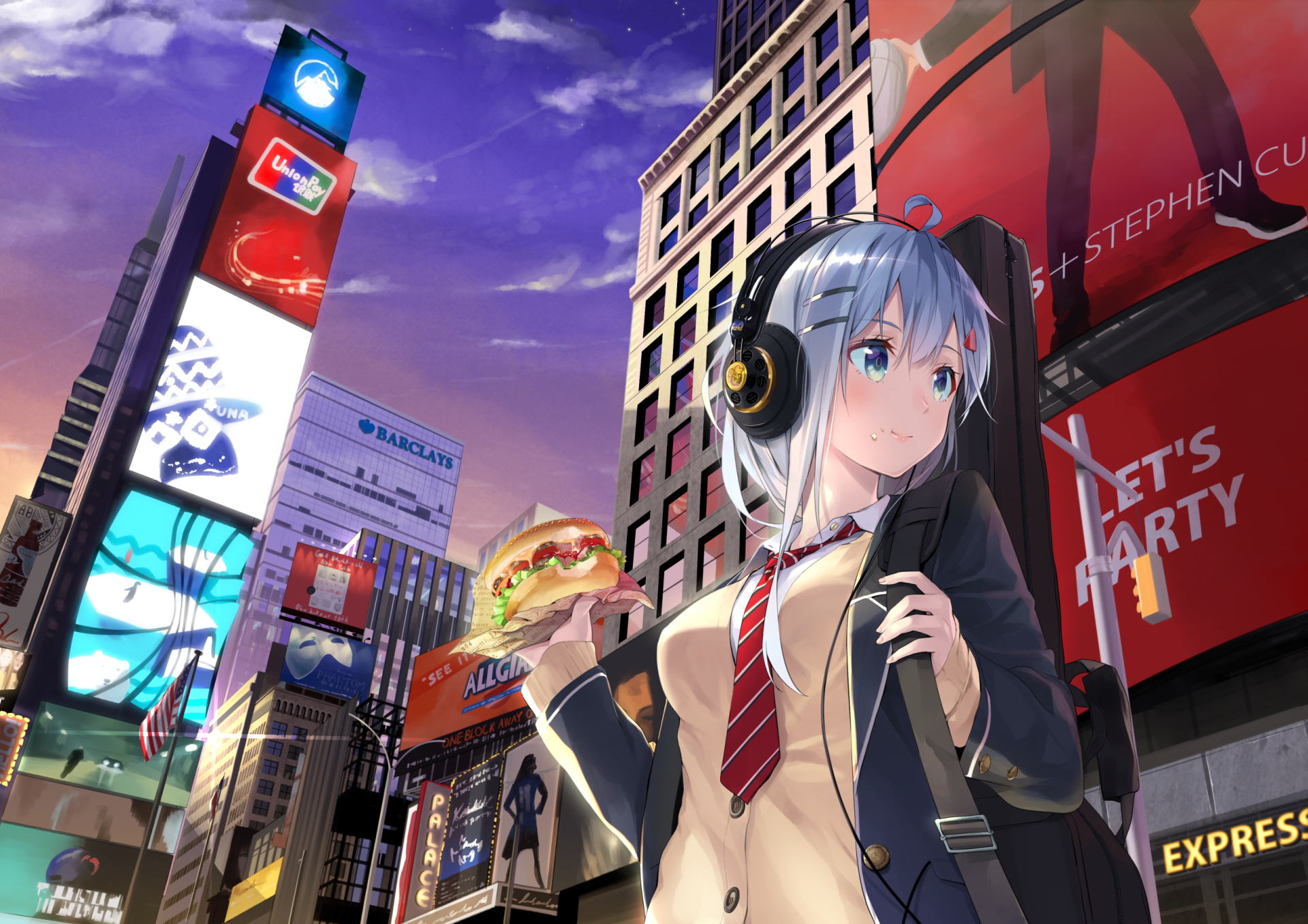 HD desktop wallpaper featuring an original anime character with blue hair, wearing headphones and holding a sandwich, set against a vibrant cityscape backdrop with colorful billboards.