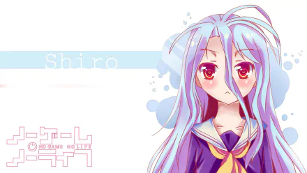 HD wallpaper featuring Shiro from No Game No Life, showcasing her distinct character design with long blue hair and vibrant red eyes, set against a soft, colorful background.