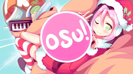 Christmas-themed Osu! HD desktop wallpaper featuring a festive anime character with pink hair, wearing a Santa hat and striped stockings. A large Osu! logo is prominently displayed in the center.