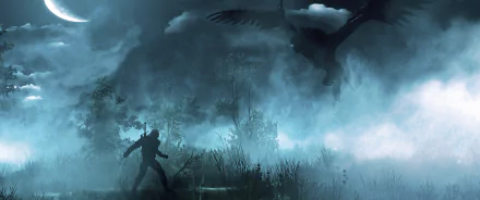 A high-definition desktop wallpaper from The Witcher 3: Wild Hunt featuring Geralt of Rivia facing a griffin under a moonlit sky at night. The scene is shrouded in mist and tall grass.