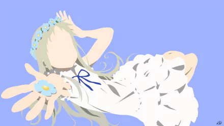 Minimalist HD desktop wallpaper featuring Meiko Honma from the anime Anohana, depicted in white with a flower crown, extending her hand with a flower against a pale blue background.