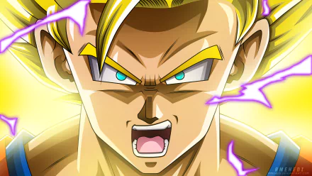 HD desktop wallpaper featuring Super Saiyan 2 Goku from Dragon Ball Super, with golden hair and an intense expression, surrounded by an aura of lightning.