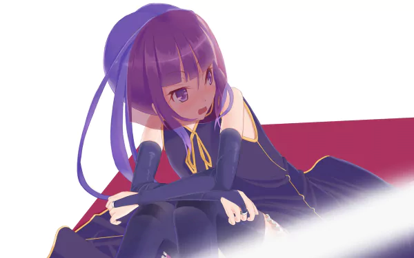 Clammy Zell from No Game No Life — anime HD PC desktop wallpaper showing a purple-haired girl in a dark dress seated on a red platform against a white background.