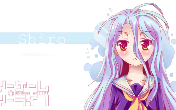 HD wallpaper featuring Shiro from No Game No Life, showcasing her distinct character design with long blue hair and vibrant red eyes, set against a soft, colorful background.
