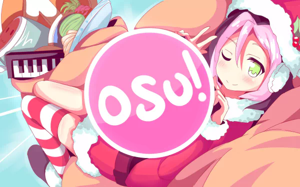 Christmas-themed Osu! HD desktop wallpaper featuring a festive anime character with pink hair, wearing a Santa hat and striped stockings. A large Osu! logo is prominently displayed in the center.