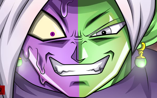 Close-up of a split-faced anime character with contrasting green and purple skin tones from Dragon Ball Super, rendered in 8K Ultra HD for PC desktop wallpaper.
