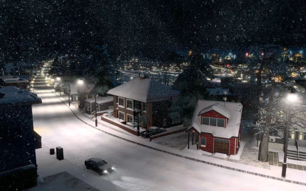 house night winter snow street video game Cities: Skylines winter night night snow HD Desktop Wallpaper | Background Image