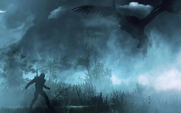 A high-definition desktop wallpaper from The Witcher 3: Wild Hunt featuring Geralt of Rivia facing a griffin under a moonlit sky at night. The scene is shrouded in mist and tall grass.