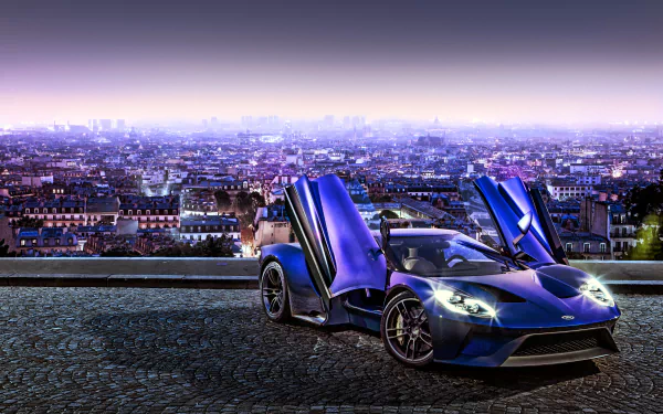 A striking Ford GT supercar with butterfly doors open, set against a sprawling cityscape at dusk in a vivid 4K Ultra HD PC desktop wallpaper.
