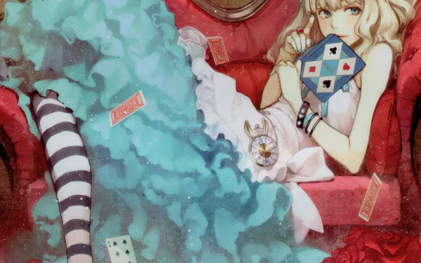 Anime-style Alice from Alice in Wonderland reclining on a red sofa, surrounded by playing cards, in a detailed 4K Ultra HD desktop wallpaper.