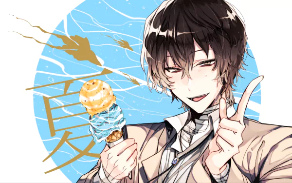 HD desktop wallpaper of Osamu Dazai from the anime Bungou Stray Dogs, featuring him holding an ice cream cone and pointing with a playful expression. The background has a blue and white design.