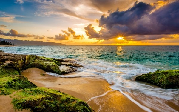 Aarde/Natuur Zonsondergang Zon Zonnestraal Oceaan Sea Hawaii Coast Horizon HD Wallpaper | Achtergrond