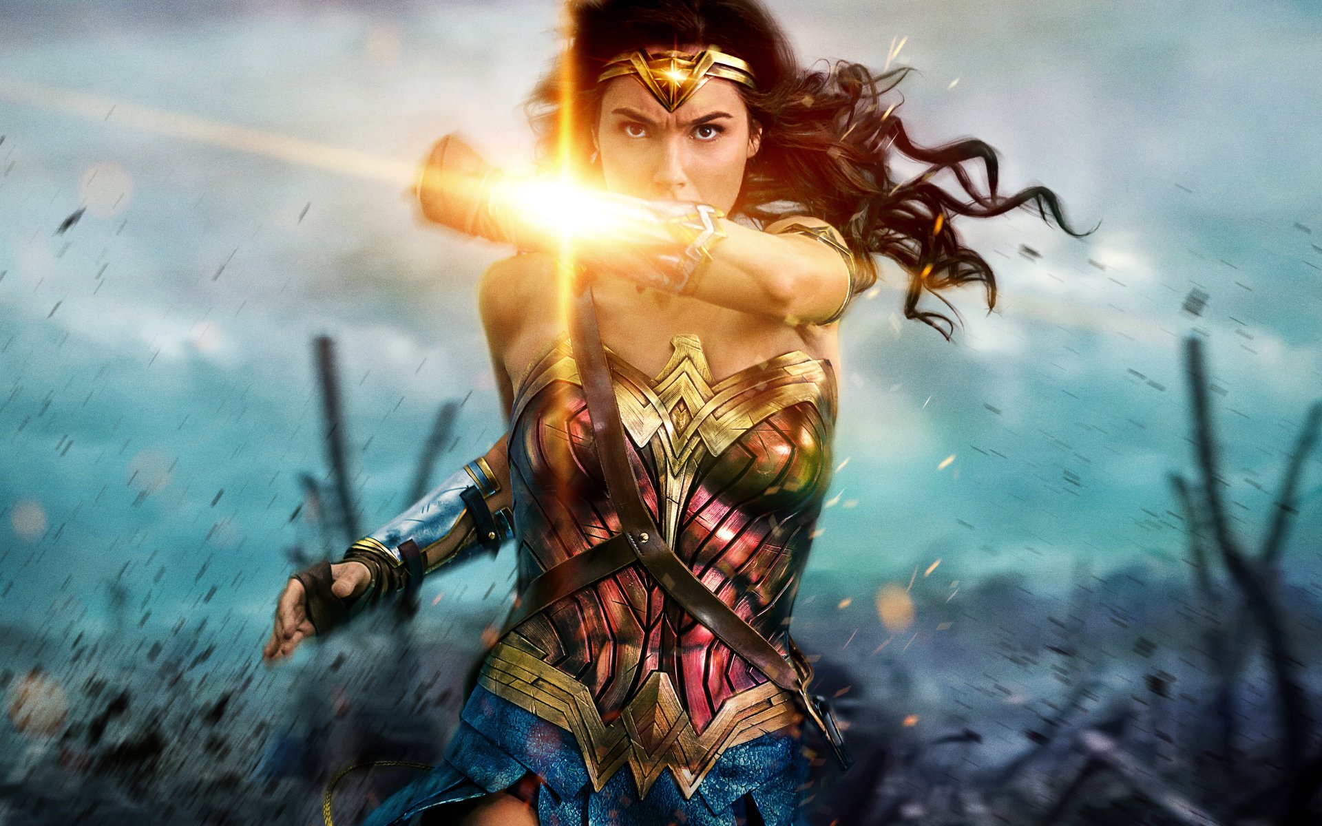 HD desktop wallpaper featuring Gal Gadot as Wonder Woman in a dynamic battle scene, showcasing her iconic armor and powerful stance.