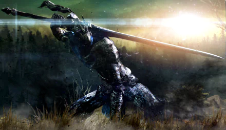 HD desktop wallpaper featuring Artorias, the Abysswalker from Dark Souls, clad in armor and wielding a large sword, with a dramatic landscape and radiant light in the background.