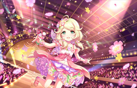 HD PC desktop wallpaper featuring Kozue Yusa from THE iDOLM@STER: Cinderella Girls Starlight Stage in a vibrant, floral-themed stage performance.