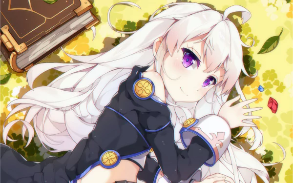 A character from *Grimoire of Zero*, featuring Zero with long white hair and purple eyes, surrounded by flowers and an open book, serves as a vibrant HD desktop wallpaper.