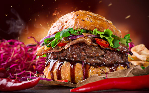 A juicy burger with lettuce, bacon, and sauce, captured in vibrant 4K Ultra HD detail as a PC desktop wallpaper and background.