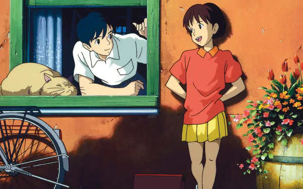 HD anime desktop wallpaper from Whisper of the Heart, featuring two characters in a warm, colorful scene with a cat on the windowsill and vibrant flowers nearby.