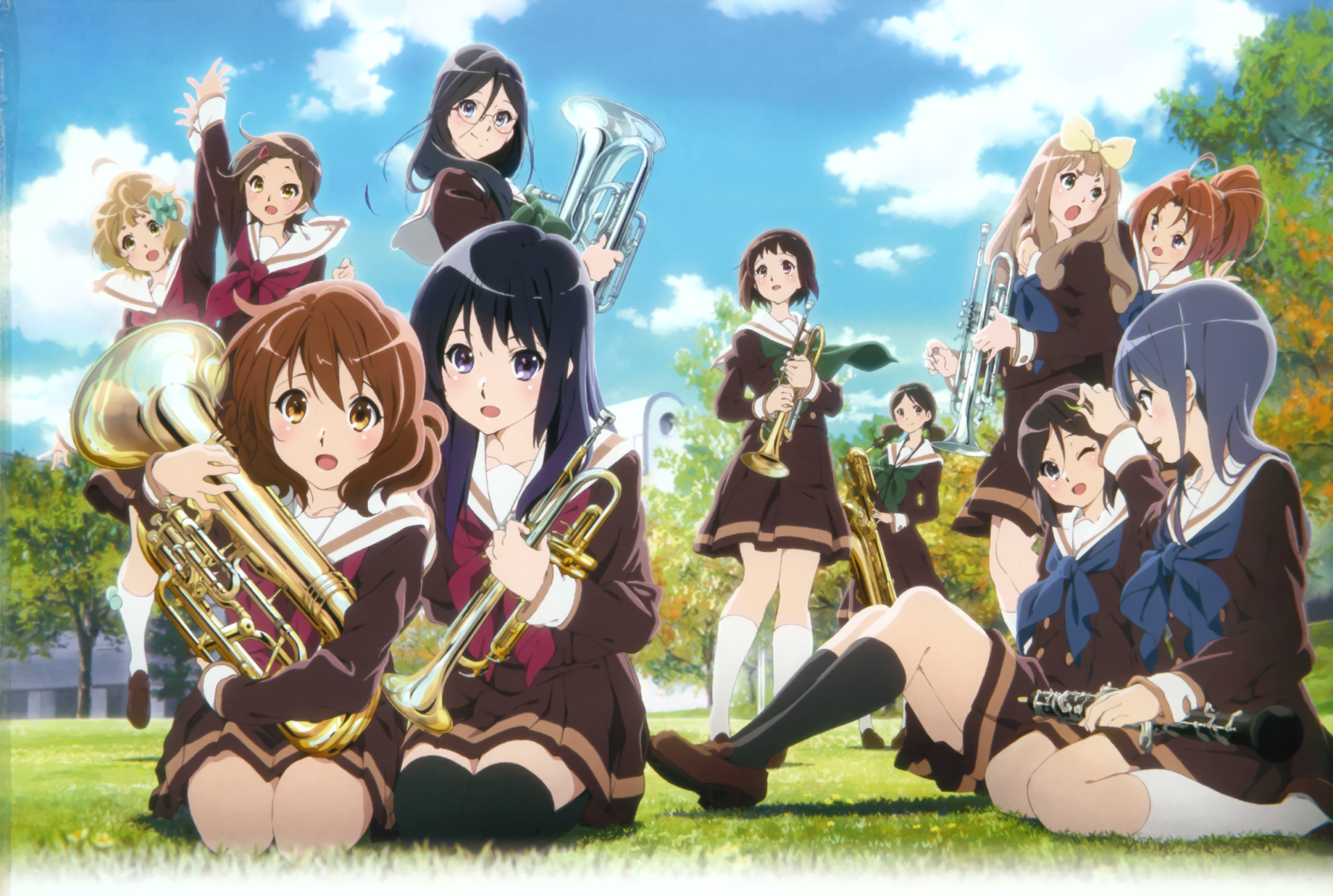 HD PC desktop wallpaper featuring the anime Sound! Euphonium, showcasing its characters playing brass instruments outdoors under a bright blue sky.