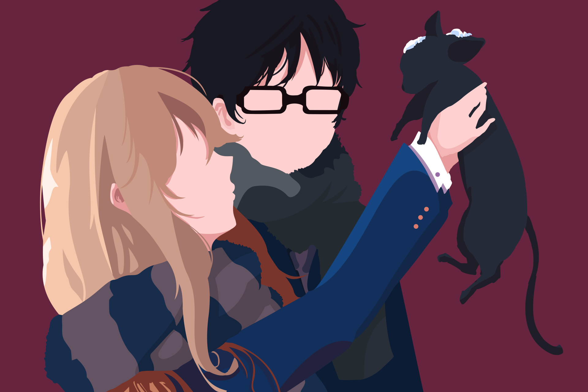 HD desktop wallpaper of Kousei Arima and Kaori Miyazono from Your Lie in April anime, featuring a simplistic, artistic representation of the two characters interacting with a black cat.