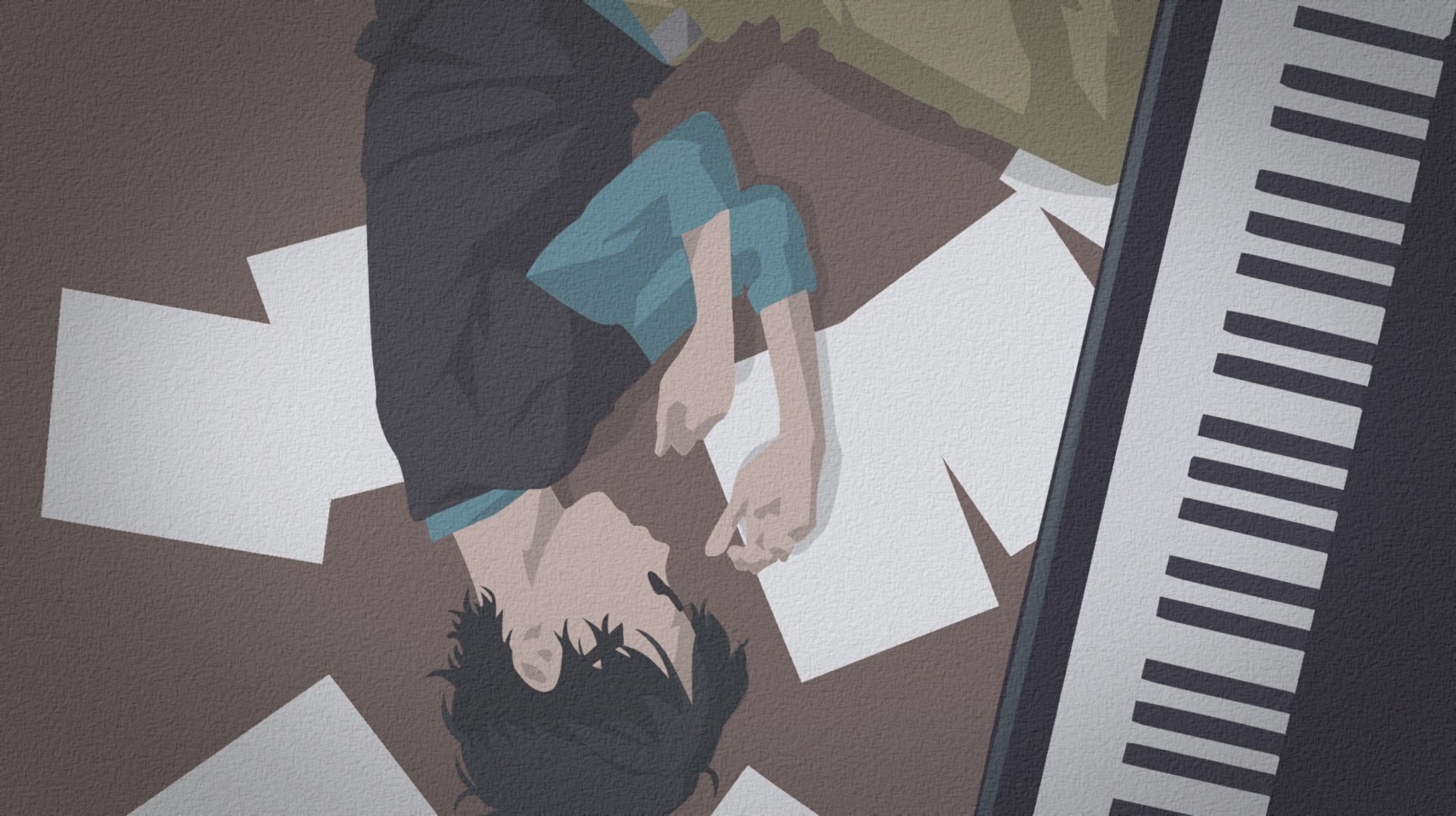 HD anime desktop wallpaper featuring Kousei Arima from Your Lie in April, lying on scattered sheet music beside a piano keyboard.