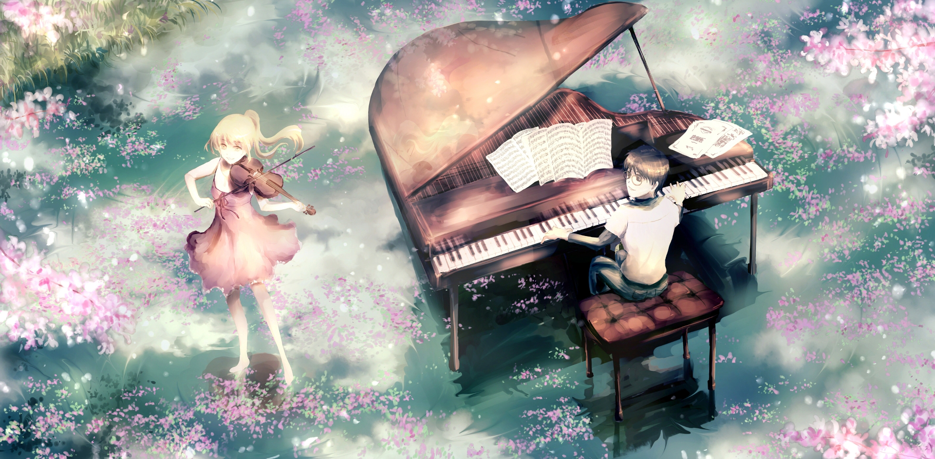 HD anime desktop wallpaper featuring Kousei Arima playing piano and Kaori Miyazono dancing amid flowers from Your Lie in April.