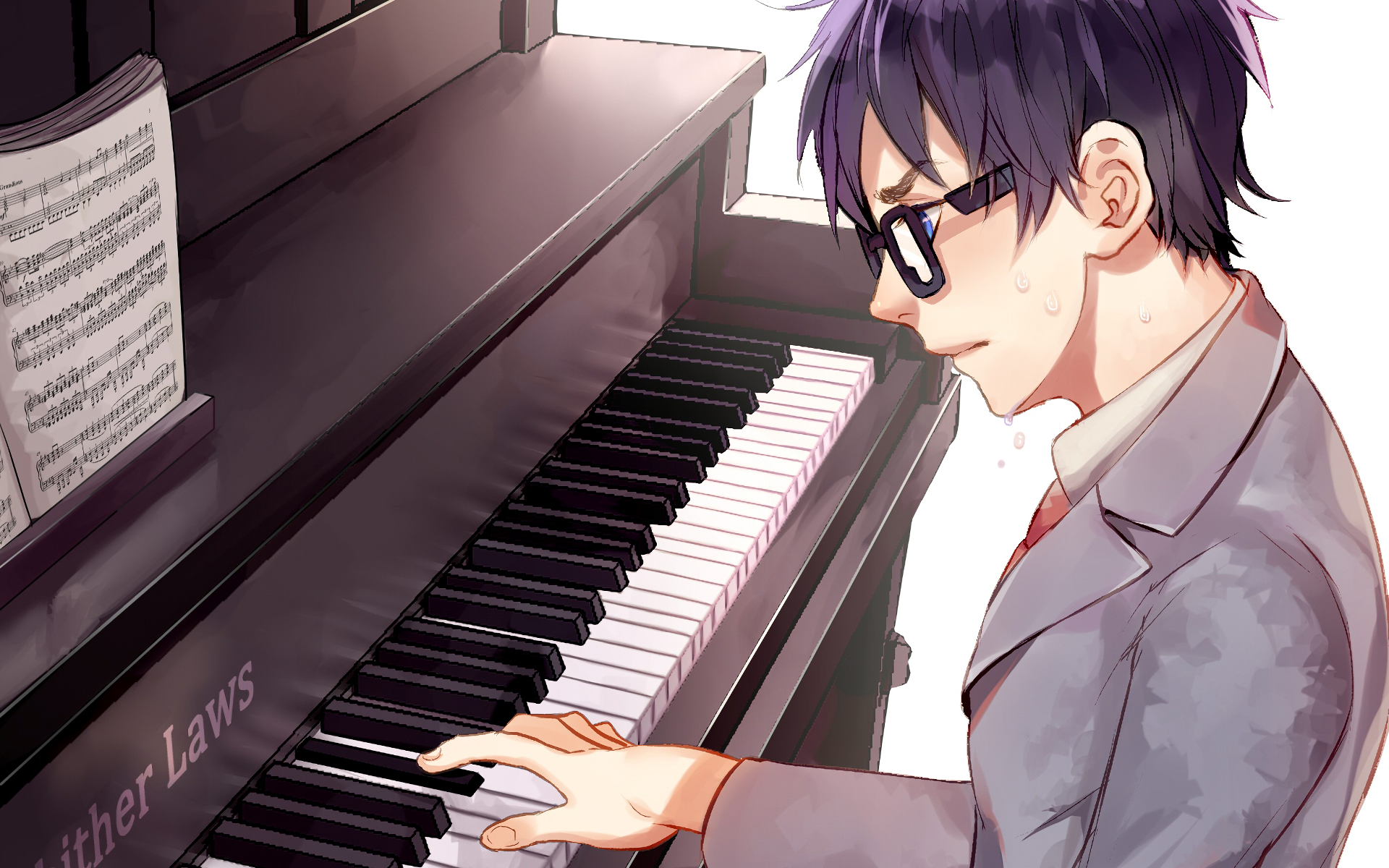 A HD desktop wallpaper featuring Kousei Arima from the anime Your Lie in April, playing the piano with sheet music in the background.