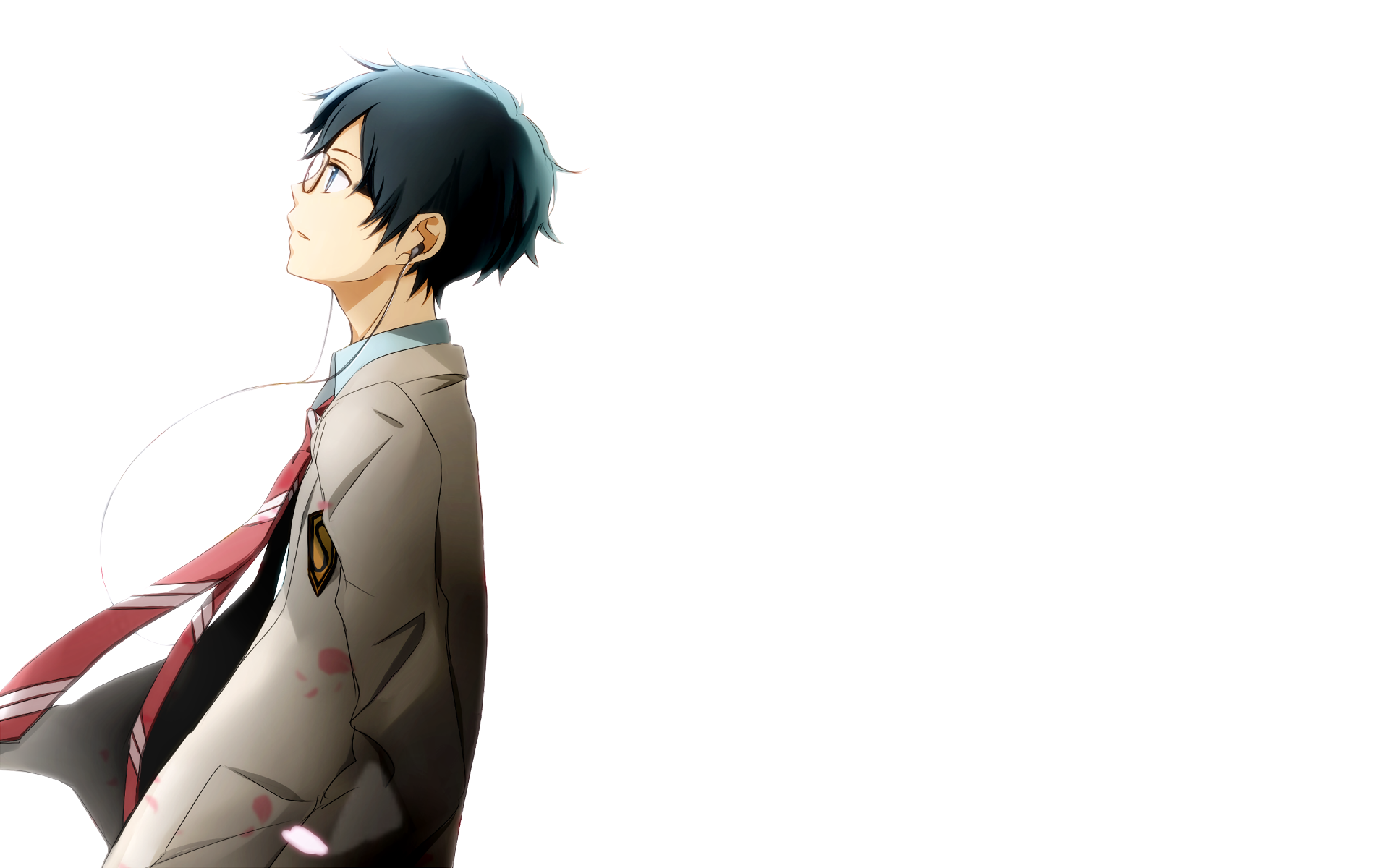 HD PC desktop wallpaper of Kousei Arima from Your Lie in April: anime portrait, standing in school uniform with loosened red tie, gazing upward as petals drift on a white background.