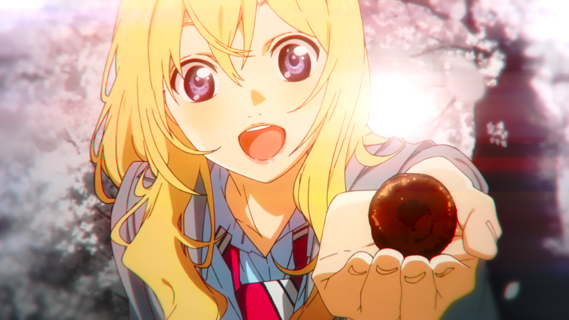 HD desktop wallpaper featuring Kaori Miyazono from the anime Your Lie in April, smiling and holding out her hand with cherry blossoms in the background.