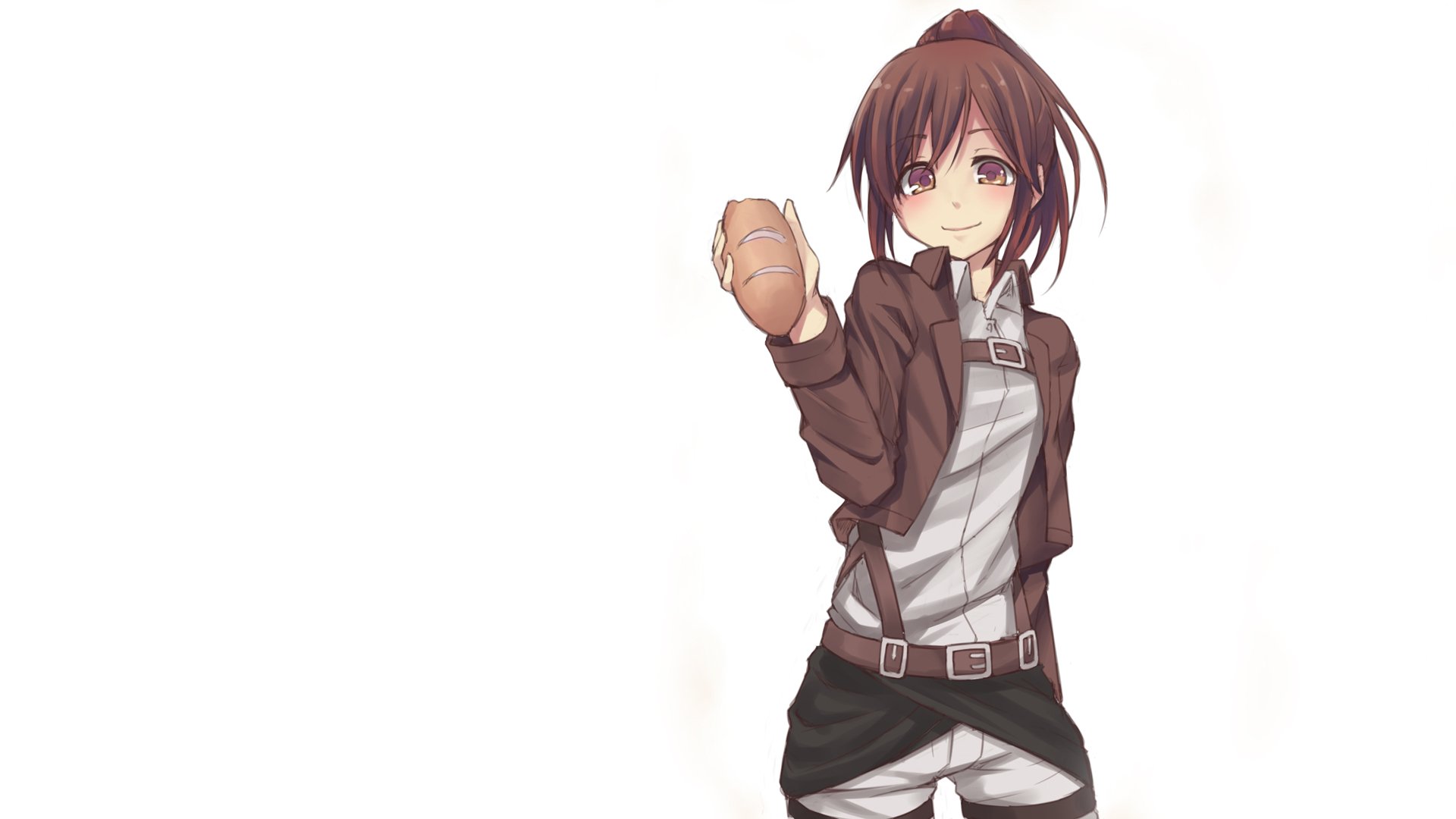 Sasha Blouse from Attack on Titan — anime HD PC desktop wallpaper and background: smiling Sasha in Survey Corps outfit holding a potato on a clean white backdrop.