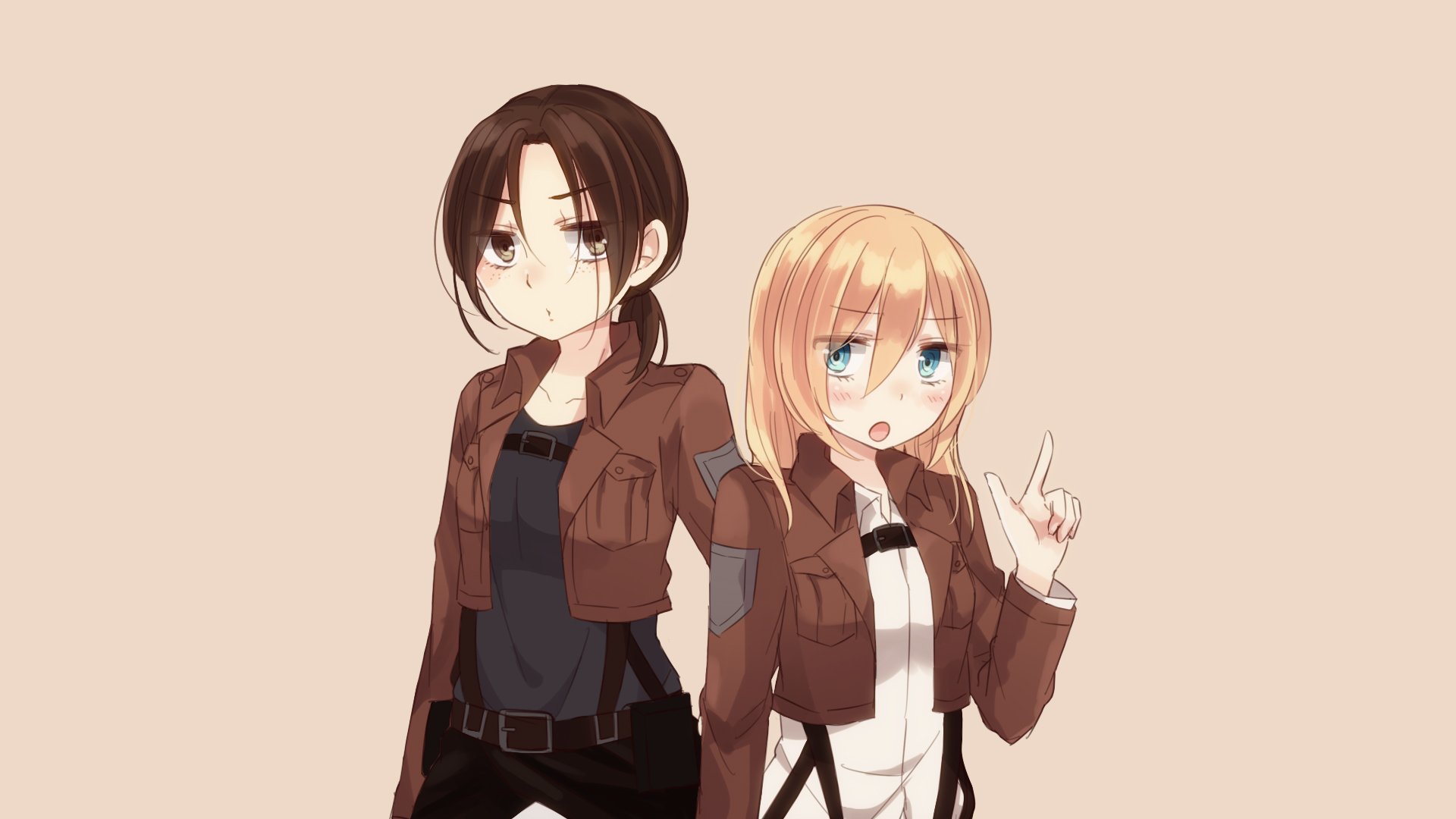 HD anime desktop wallpaper featuring Ymir and Historia Reiss from Attack on Titan, showcasing their distinct styles and expressions against a neutral background.