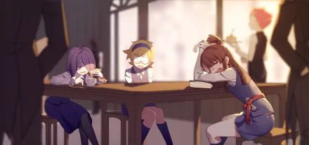 HD desktop wallpaper featuring Lotte Yanson, Sucy Manbavaran, and Atsuko Kagari from the anime Little Witch Academia, sitting around a table in a softly lit room.
