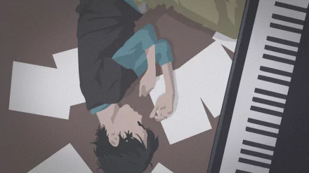 HD anime desktop wallpaper featuring Kousei Arima from Your Lie in April, lying on scattered sheet music beside a piano keyboard.