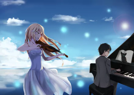 HD desktop wallpaper featuring Kousei Arima playing the piano and Kaori Miyazono playing the violin from the anime Your Lie in April, set against a serene sky background.