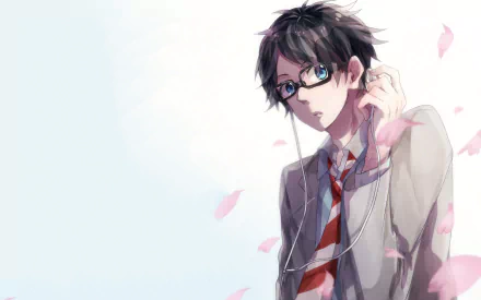 HD anime desktop wallpaper featuring Kousei Arima from Your Lie in April, surrounded by soft cherry blossom petals and a light, airy background.