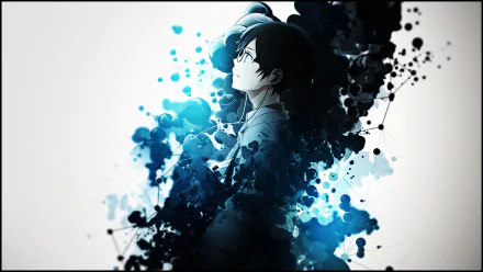 HD desktop wallpaper of Kousei Arima from the anime Your Lie in April, featuring an abstract design with splashes of black and blue surrounding the character.
