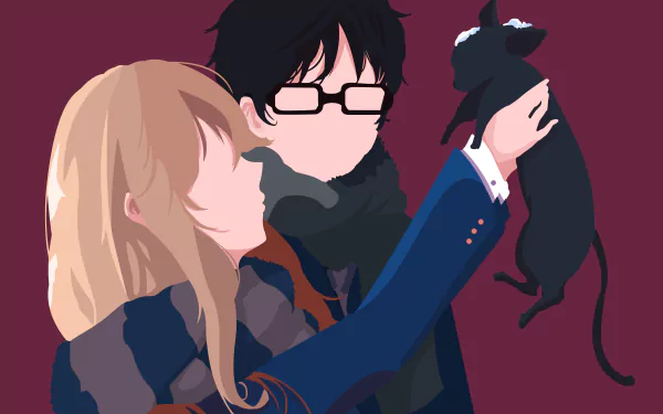 HD desktop wallpaper of Kousei Arima and Kaori Miyazono from Your Lie in April anime, featuring a simplistic, artistic representation of the two characters interacting with a black cat.