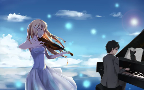 HD desktop wallpaper featuring Kousei Arima playing the piano and Kaori Miyazono playing the violin from the anime Your Lie in April, set against a serene sky background.