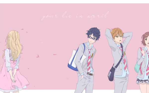 HD anime wallpaper featuring Ryota Watari, Tsubaki Sawabe, Kousei Arima, and Kaori Miyazono from Your Lie in April against a soft pink background.